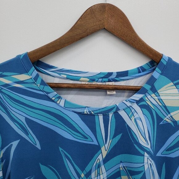 LOGO By Lori Goldstein Womens Satin Hem Tunic Top Size M Blue Printed Asymmetric - Picture 10 of 16